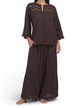 SAATVIK 2pc Gauze Lace Button Down Top And Wide Leg Pants Lounge Set